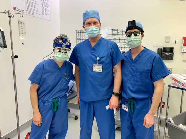 Senior Fellow Dr. Jenny Pan with Dr. Chris Javadi and Fellowship Director Dr. Marc Melcher working together on a liver transplant